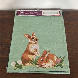 NWT- Green w/ Brown Bunnies - Floral- Spring /Easter Tapestry Table Runner 70x13
